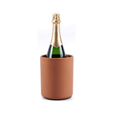 Bottle of champagne in a terracotta wine chiller on a white background