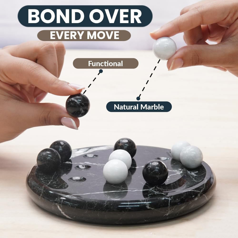 Marble game set with hands interacting, featuring text 'Bond Over Every Move' and 'Natural Marble'.