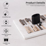 Backgammon set with dice, doubling cube, checkers, board, and dice cups on a light background.