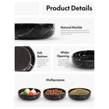 Product details of black marble bowls with text on natural marble, felt bottom, wider opening, and multipurpose use.