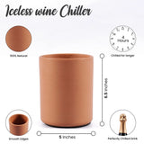Brown wine chiller with features and measurements on a white background