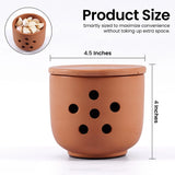 Terracotta-colored container with lid and measurements on a white background