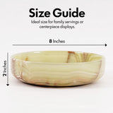 Size guide for a decorative bowl with dimensions and text on a white background