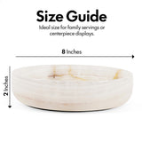 Marble-patterned bowl with size guide indicating 8 inches in diameter and 2 inches in height on a white background.