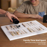 Two people playing a board game with a focus on family time, featuring text 'Family Time Well Spent'.