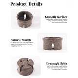 Three marble bowls with drainage holes on a white background, featuring text about natural marble and drainage holes.