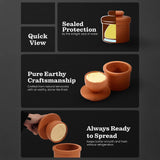 Terracotta containers with text highlighting features on a dark background