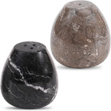 Two marble salt and pepper shakers on a white background