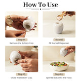 Instruction graphic titled 'How To Use' showing four steps for operating a small white salt dispenser shaped like an apple. The steps include removing the bottom cap, filling the salt dispenser, closing the bottom cap, and sprinkling salt onto food.