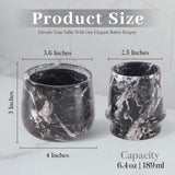 Black marble butter keeper with dimensions and capacity details on a light gray background