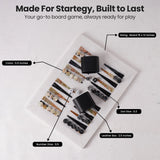 Board game components on a white surface with text about strategy and durability.