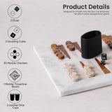 Board game components including dice, doubling cube, checkers, and a marble board on a white surface.