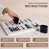 Backgammon board with pieces and dice, hand holding a cup, and text on basic instructions.