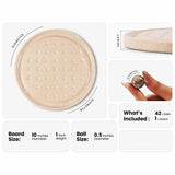 Product information graphic for a round beige serving or play board with raised dots, shown with dimension callouts, a close-up of the board edge, a hand holding a marble ball, and included quantity text.