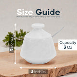 White marble container with measurements and capacity details on a wooden surface.