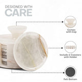 Set of marble coasters with a holder, featuring text on product features.