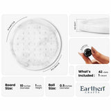 Product information graphic for Earthen Crafts, showing a white round board with a close-up of a textured ball, dimensions labeled as 10 inches diameter by 1 inch height, a hand holding a black bath bomb ball, and text stating 42 x balls included.