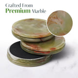 Stack of marble coasters with a close-up inset showing the texture, on a white background.