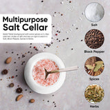 White salt cellar with pink salt, wooden spoon, and various spices on a gray background