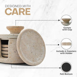 Set of stone coasters with a holder, featuring text on design details.