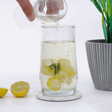 Glass of lemon water with lemons and a plant in the background