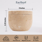 Beige marble container with dimensions and features on a white background, branded as 'Earthen Crafts'.