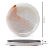Round marble coaster with dimensions on a white background