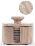 Beige stone container with lid on a white background