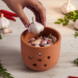 Hand placing garlic into a terracotta container on a wooden surface with herbs and peppers.