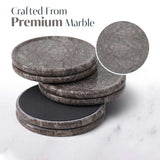 Marble coasters with a close-up of a coaster and text 'Crafted From Premium Marble' on a marble background.