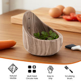 natural brown herb holder with cilantro on a wooden surface with vegetables in the background