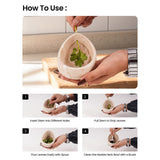 Instructions on how to use a marble herb bowl with a person demonstrating the process.