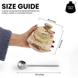 A hand holds a small marbled jar with a lid, shown on a white background with size annotations: 4 inches in diameter, 4 inches tall, and a stainless steel spoon below labeled 5 inches. Text at the top reads 'SIZE GUIDE' and includes a capacity note of 3.