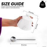 A hand holds a small white salt cellar with a lid, shown with size measurement lines indicating 4 inches by 4 inches, alongside a metal spoon labeled 5 inches and a black capacity icon reading 9.5 oz.