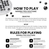 Instructions for playing Marble Peg Solitaire with text and marble images.
