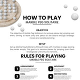 Instructions for playing Marble Peg Solitaire with text and marble images.