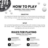 Instructions on how to play Marble Peg Solitaire with text and marble images.