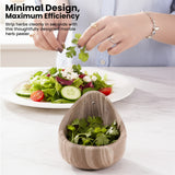 Person preparing a salad with a marble herb peeler, text 'Minimal Design, Maximum Efficiency'.