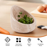 Marble herb holder with cilantro on a wooden surface, featuring icons and text about product features.
