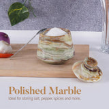 Polished marble salt shaker on a wooden cutting board with text 'Polished Marble' and 'Ideal for storing salt, pepper, spices and more.'.