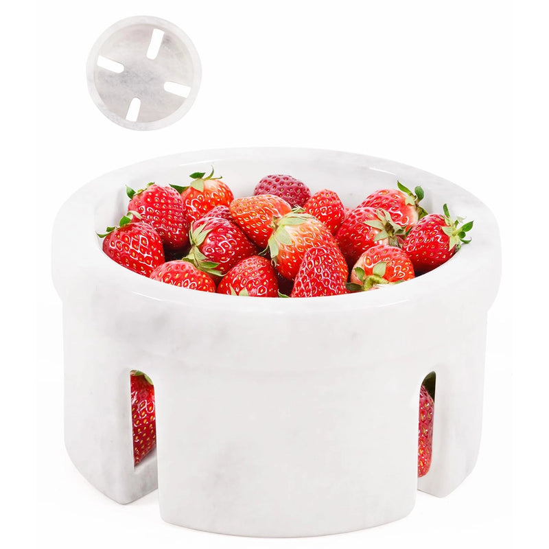 White marble berry bowl 5.5 inch with slotted lid and drainage cut-outs, filled with fresh strawberries