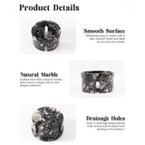 Product details graphic for a black and marble ring holder, showing three views with text describing its smooth surface, natural marble material, and drainage holes.
