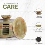 Decorative coaster set with holder and coasters on a light background, featuring text 'Designed with Care'.