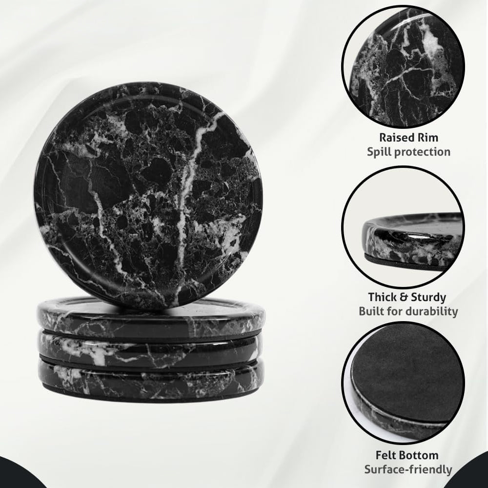 Black marble coasters with features highlighted on a white background