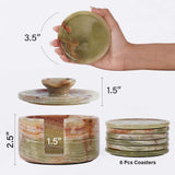 Set of onyx coasters with dimensions and a stack of coasters shown.