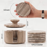 Marble-patterned coasters with dimensions and a stack of coasters on a white background
