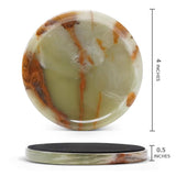 Round stone with green marbling on a white background, with dimensions indicated.