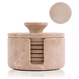 Beige marble coaster set with holder on a white background