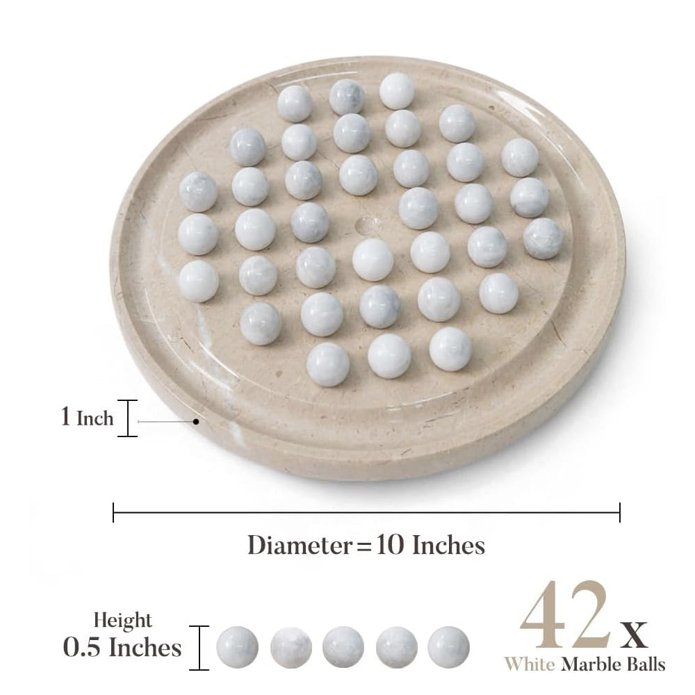 Round beige board with white marble balls, showing measurements and quantity on a white background.