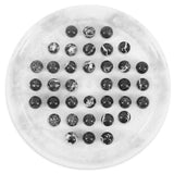 Round white board game with black marbled pattern on a white background